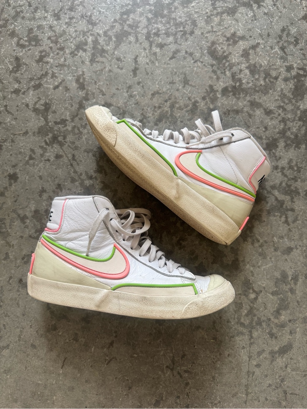 Nike High-Top Sneakers in White with Pink & Neon Green Swooshes